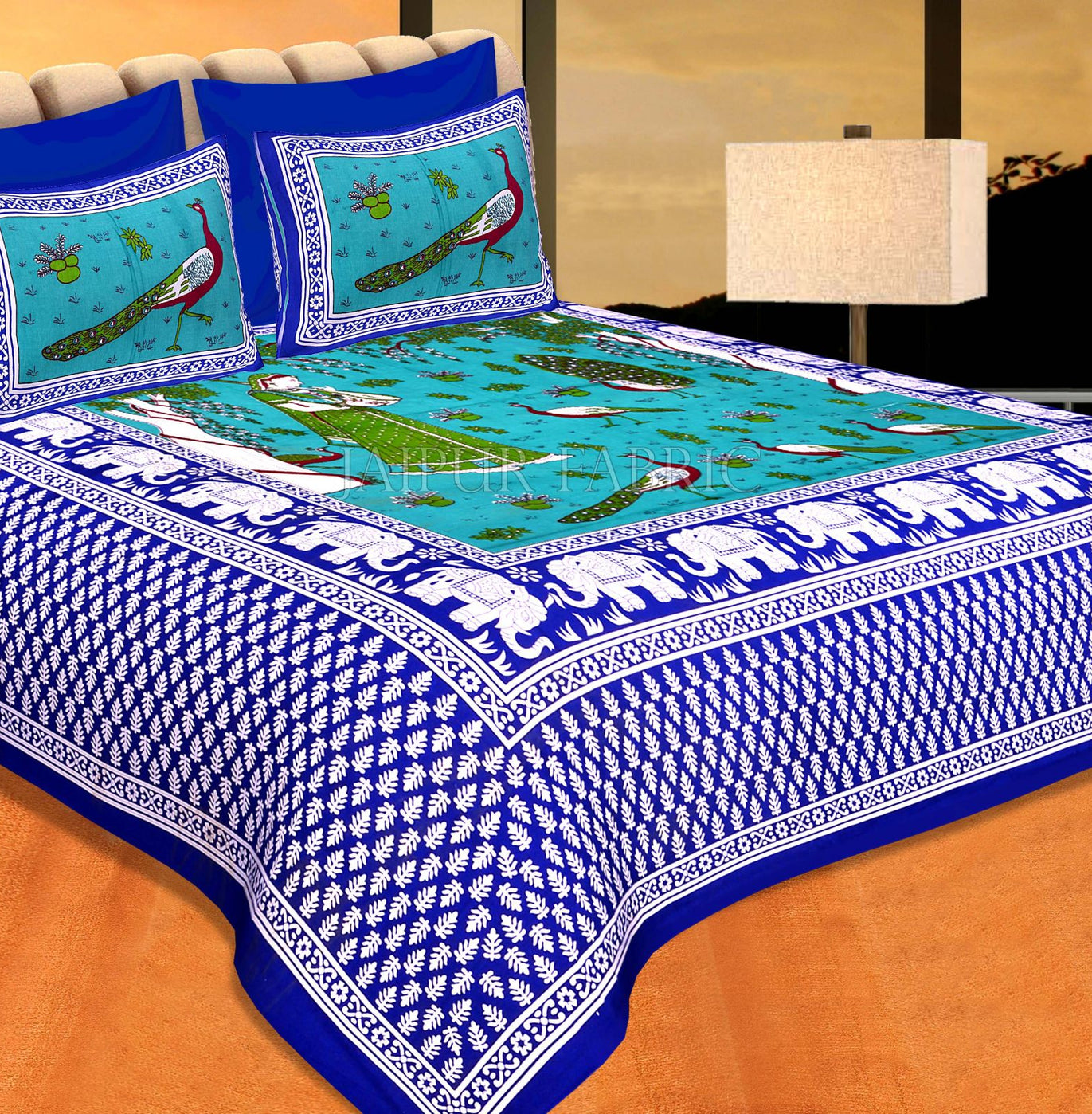 Neavy Blue Border Green Base Meera With Peacocks Cotton Double Bedsheet