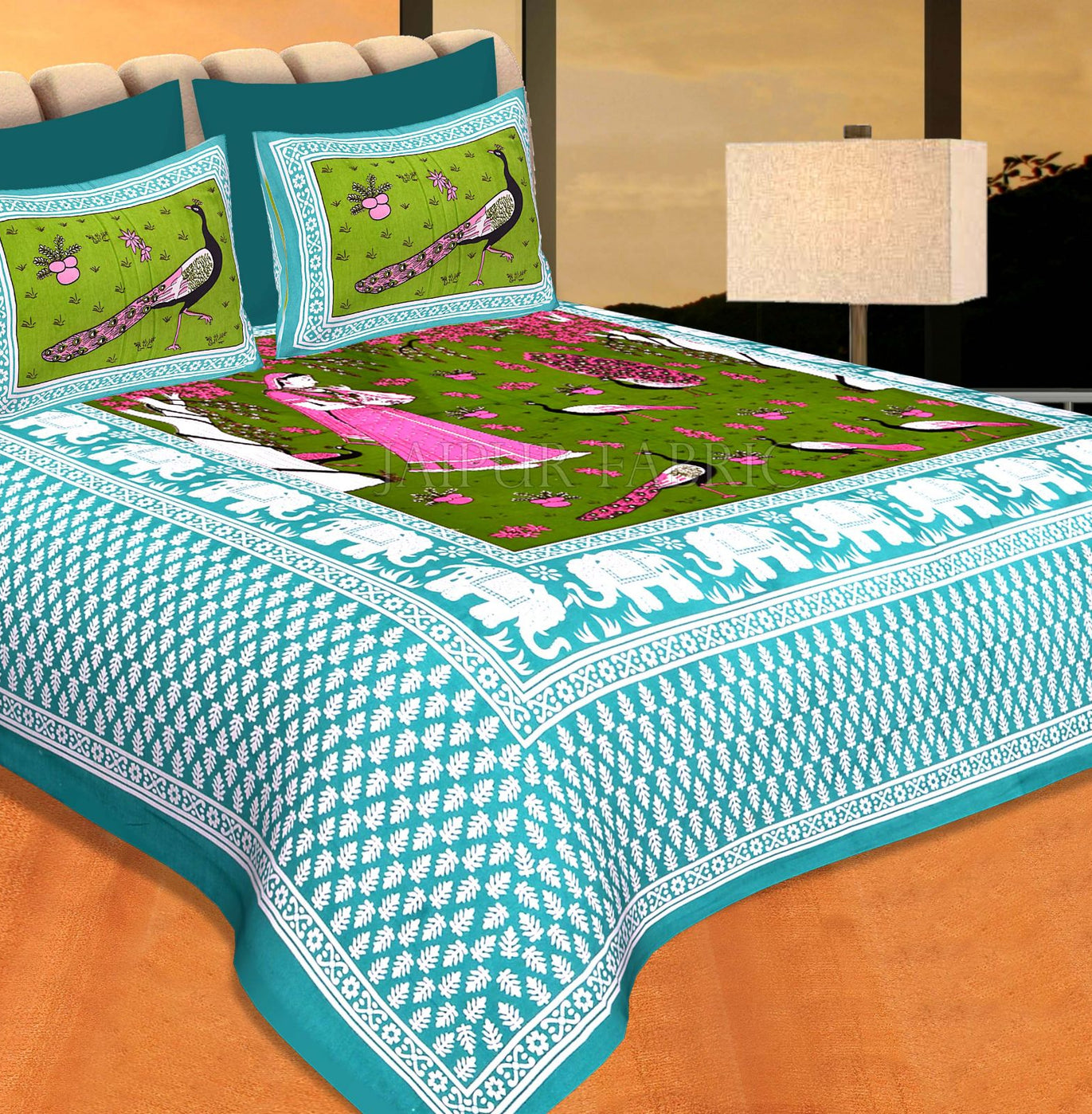 Green Border Dark Green Base Meera With Peacocks Cotton Double Bedsheet