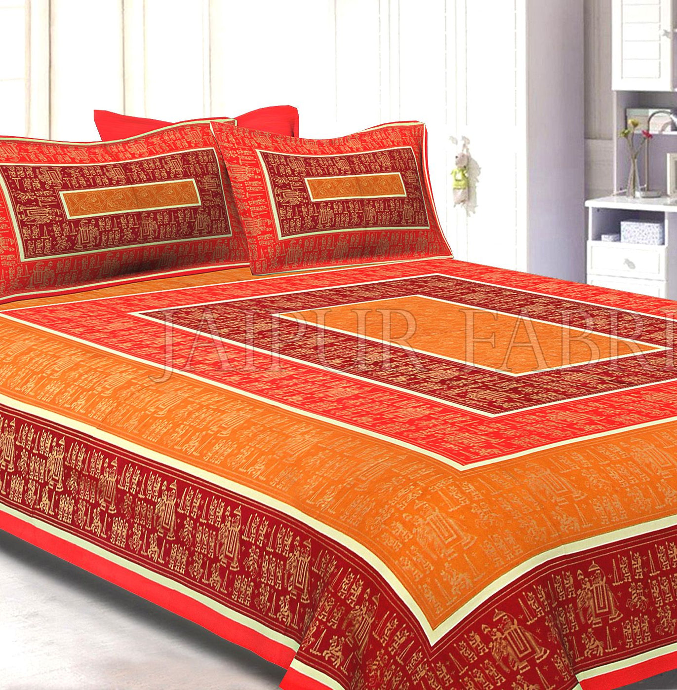 Orange Border Golden Barat In Rectangle Pattern Super Fine Cotton Double Bedsheet