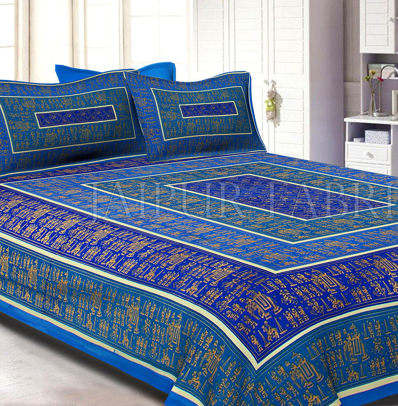 Firozi Border Golden Barat In Rectangle Pattern Super Fine Cotton Double Bedsheet