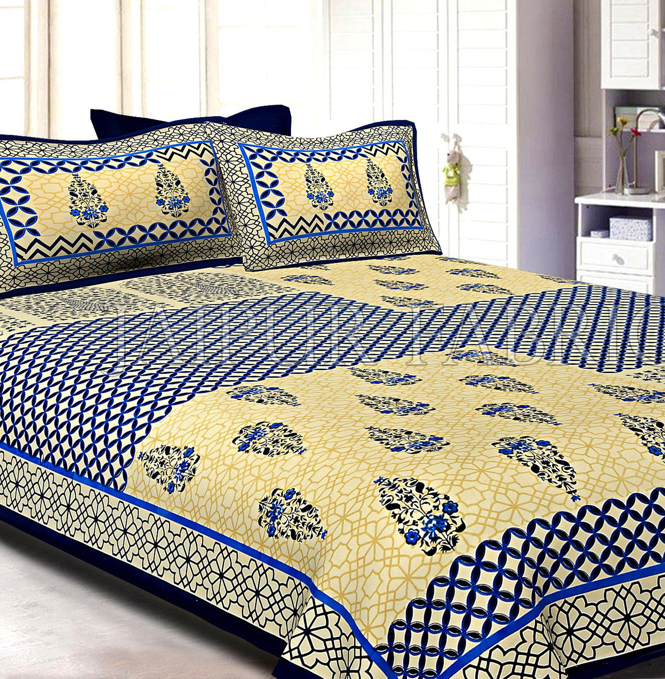 Navy Blue creame Base With Rangoli And Gamala Printin Designer Pattern Fine Cotton Poplin Double Bedsheet With Two Pillow