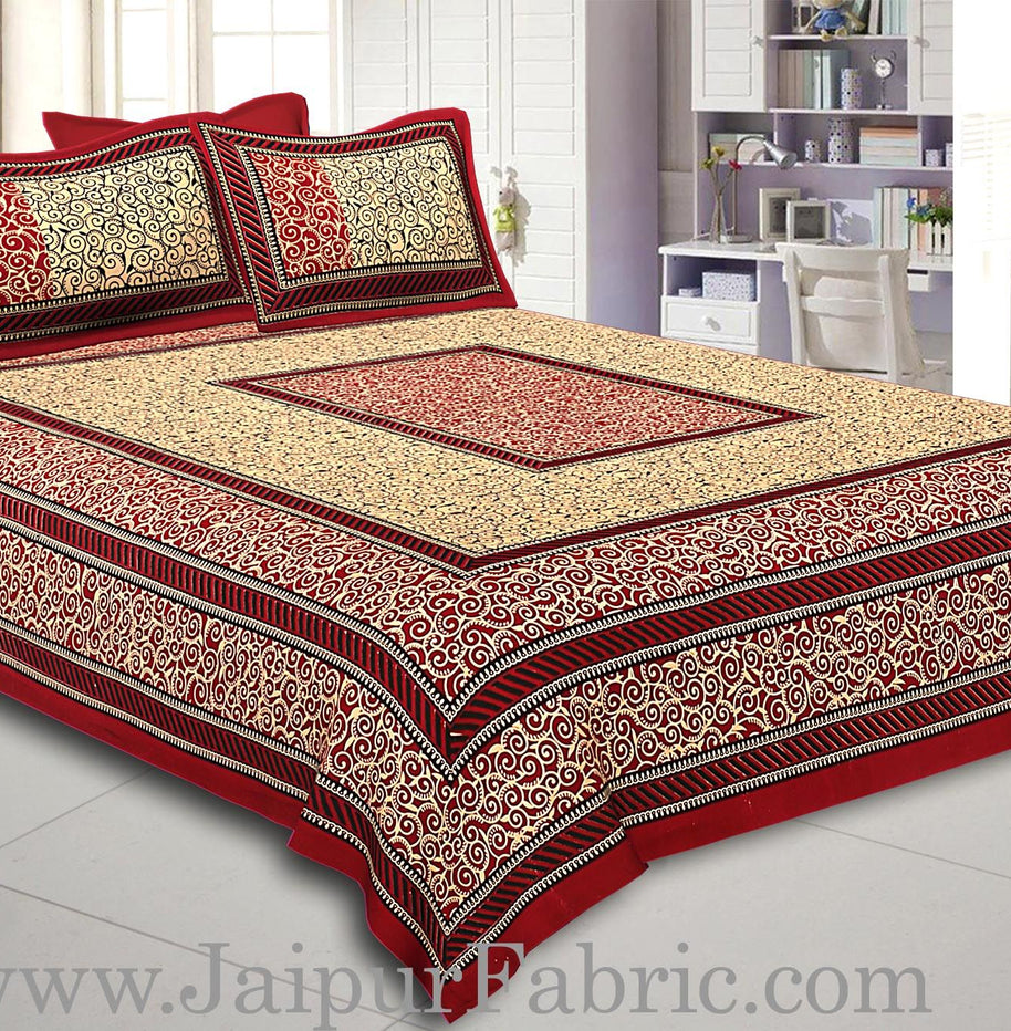 Maroon Border Cream Base In Rectangle Bagru Print Cotton Double Bedsheet