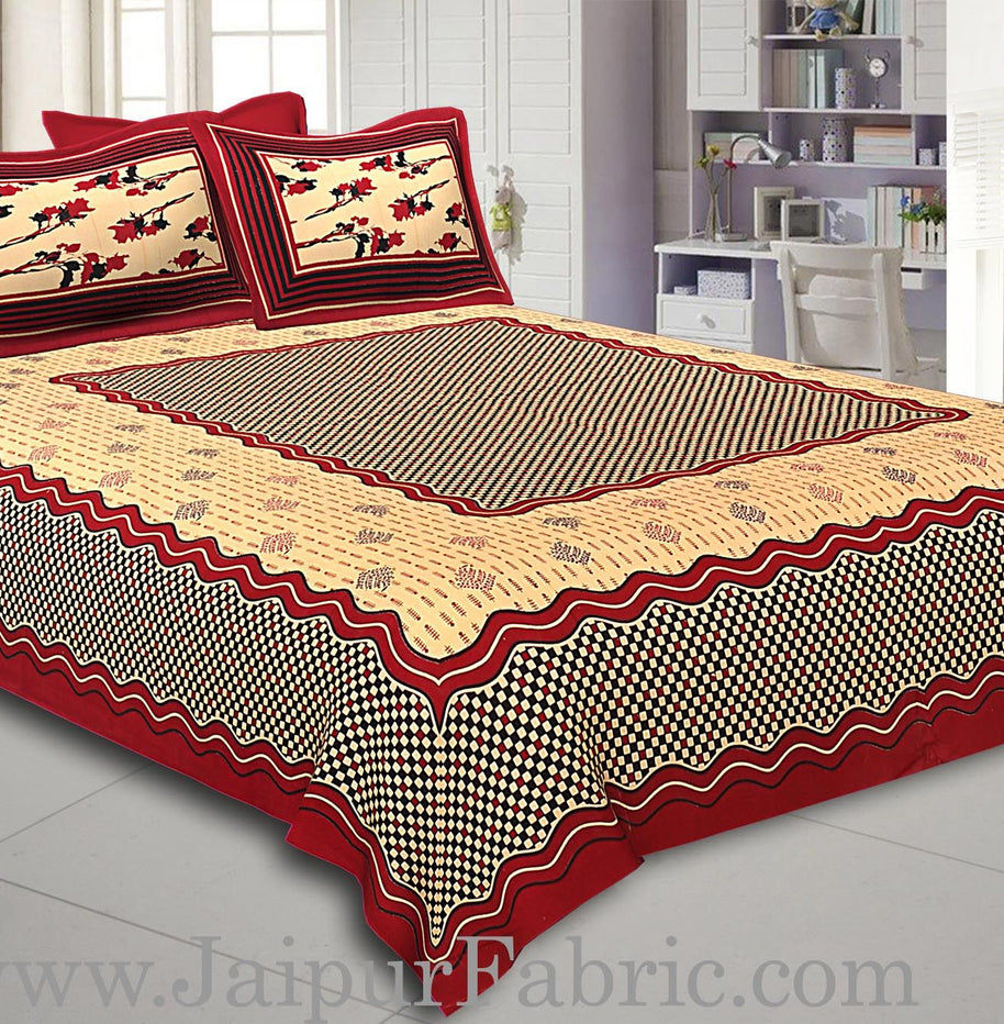 Maroon Border Cream Base With Small Maroon And Black Checks  Bagru Print Cotton Double Bedsheet