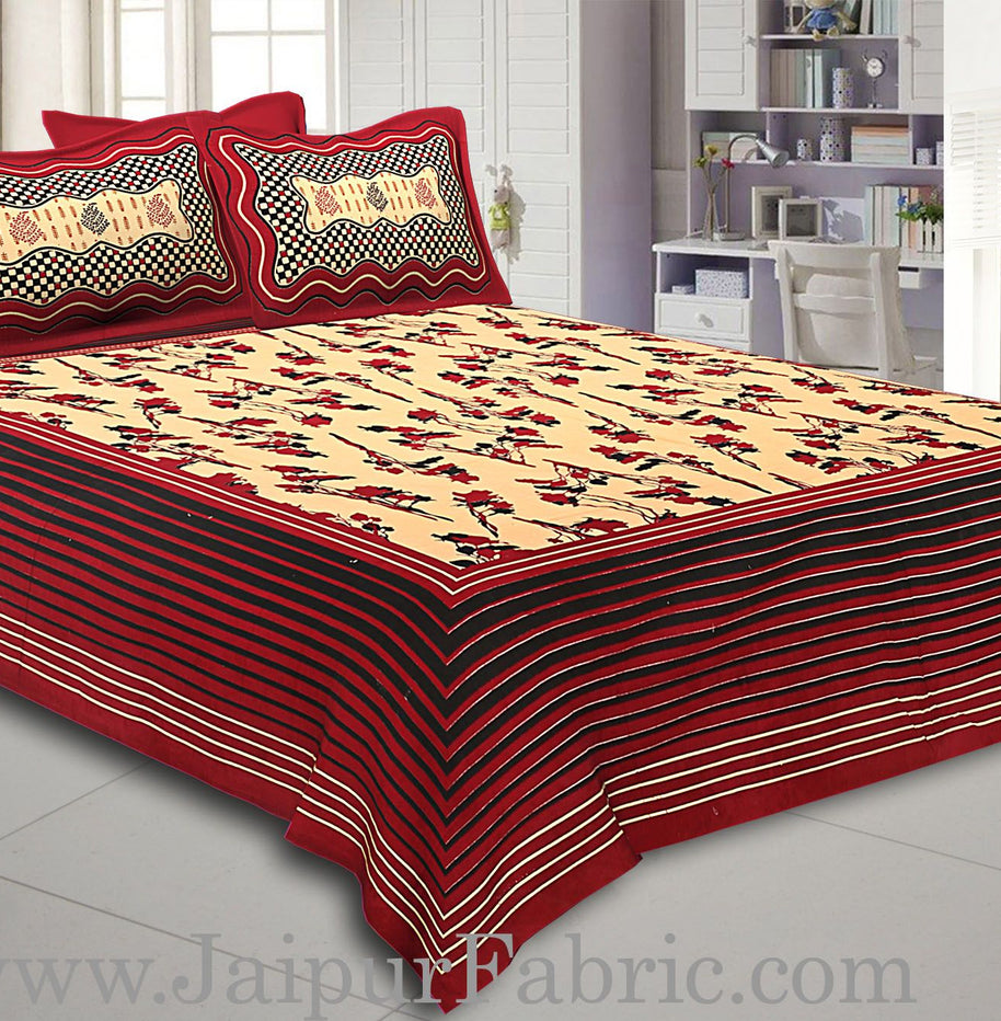 Maroon And Black Lining Border Cream Base Floral Pattern In   Bagru Print Cotton Double Bedsheet