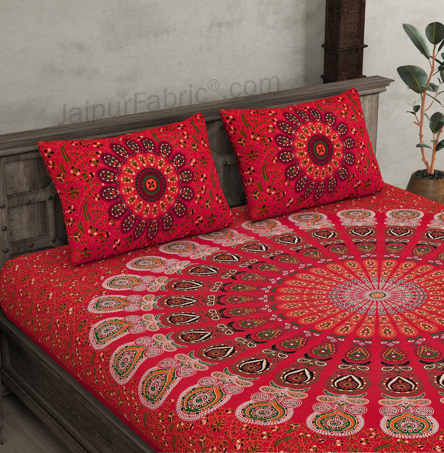 Red Mandala Double Bedsheet Tapestry with 2 Pillow Covers