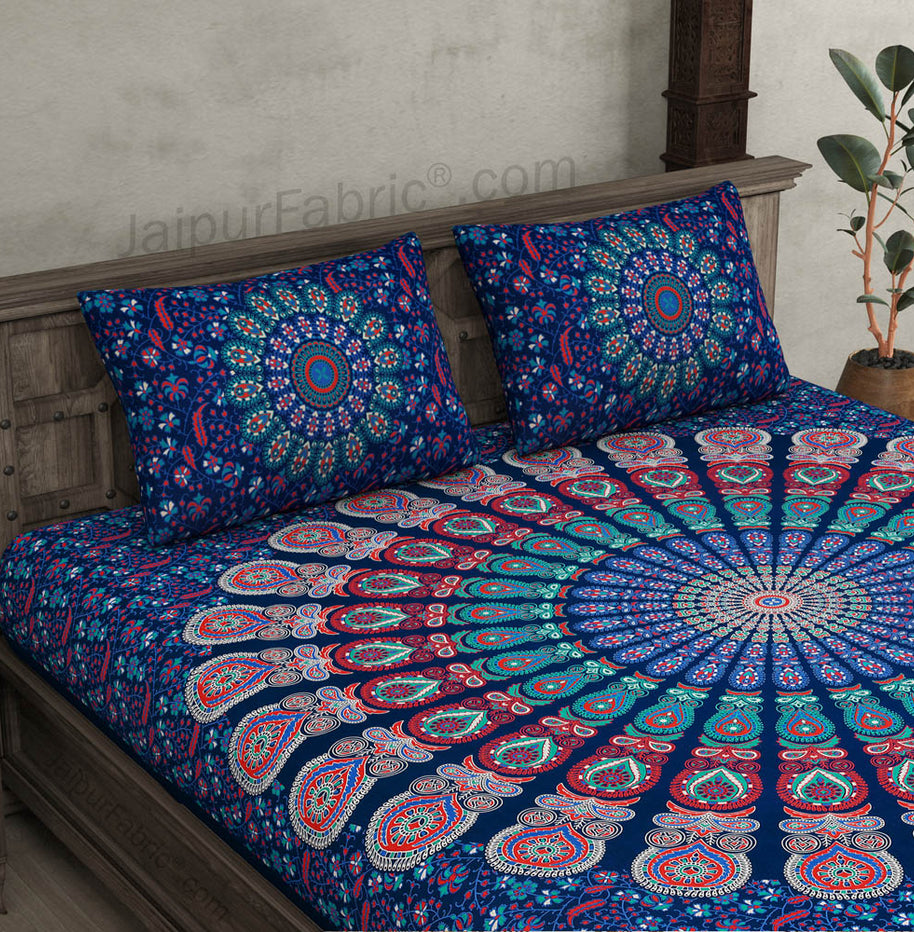 Blue Mandala Double Bedsheet Tapestry with 2 Pillow Covers