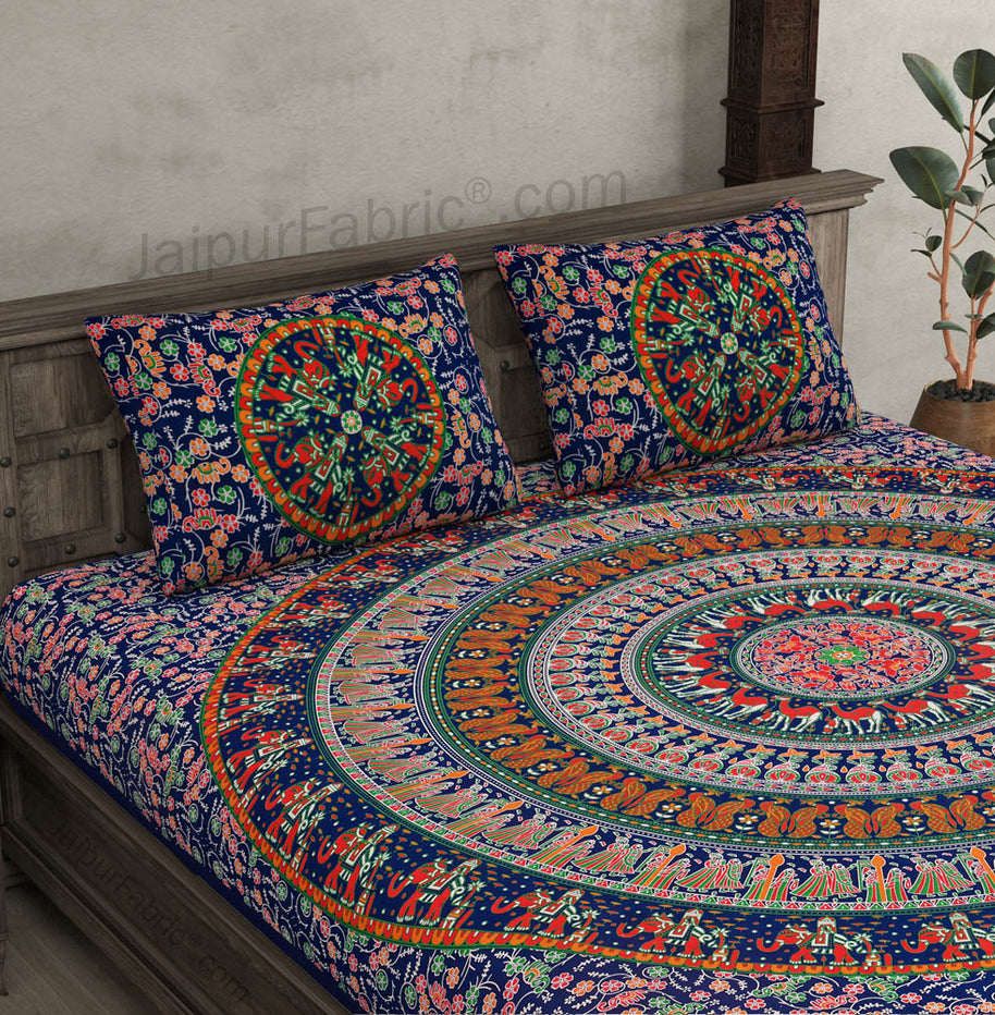 Navy Blue Mandala Bedsheet Tapestry Floral Print With 2 Pillow Covers