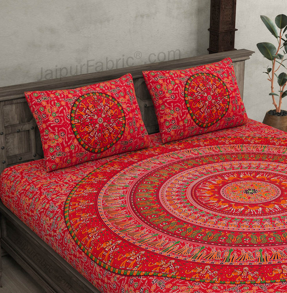 Ruby Red Mandala Bedsheet Tapestry Floral Print With 2 Pillow Covers