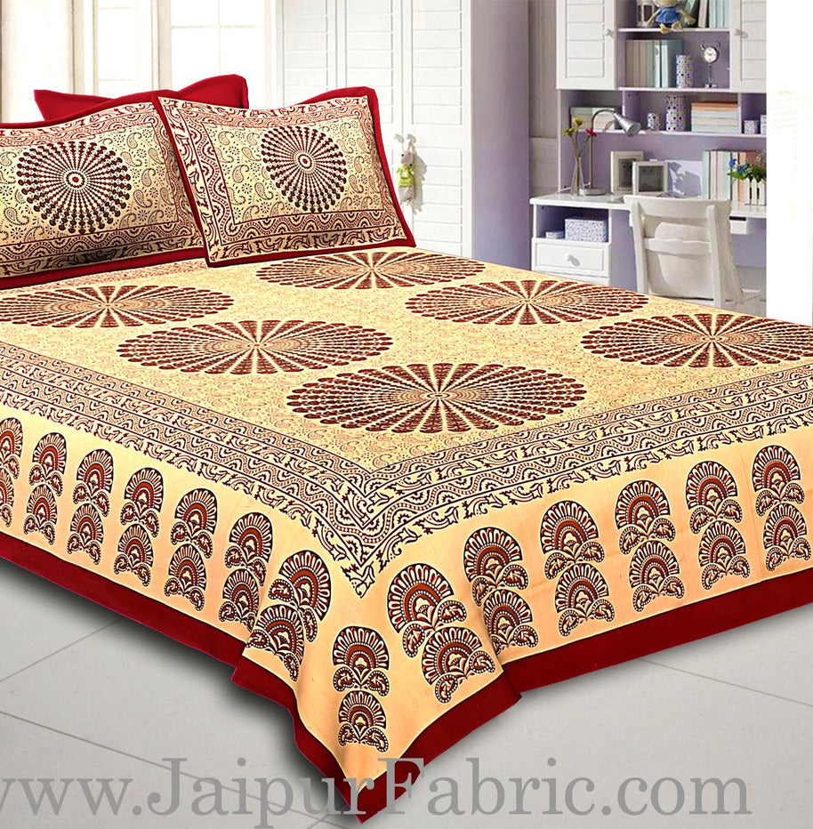 Maroon Border Cream Base  Large Circle With Leaf  Black Checks  Bagru Print Cotton Double Bedsheet