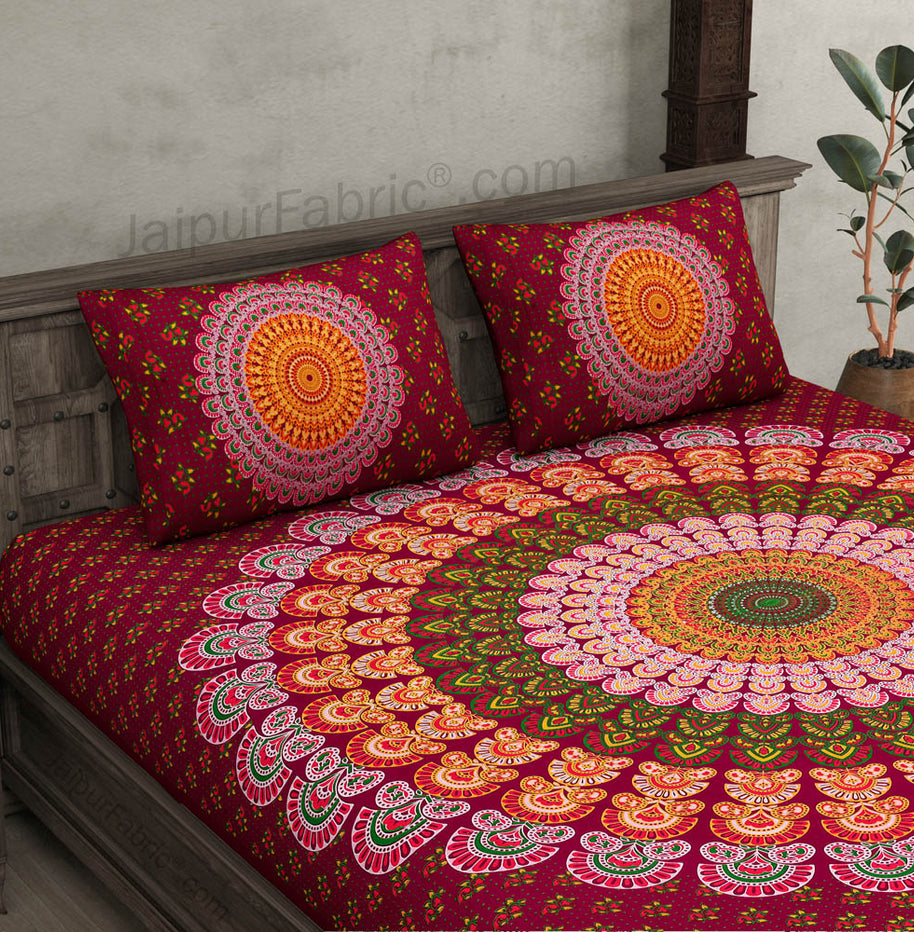 Crimson Red Mandala Bedsheet Tapestry Floral Print With 2 Pillow Covers