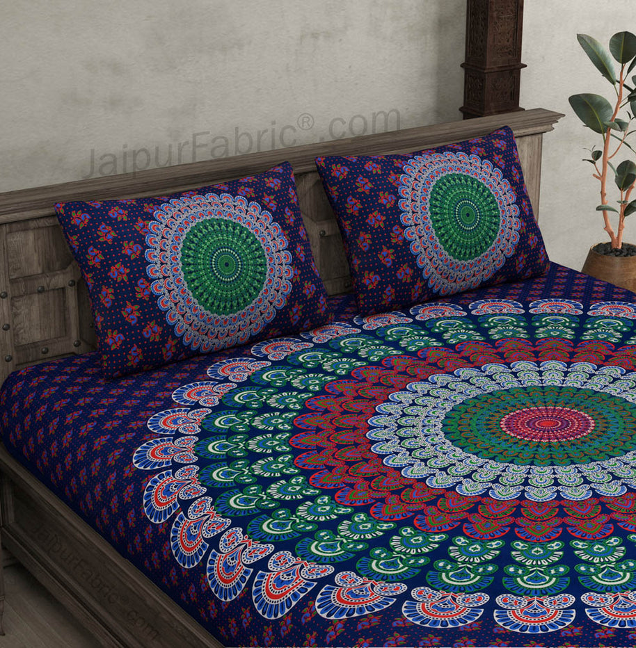 Indigo Blue Mandala Bedsheet Tapestry Floral Print With 2 Pillow Covers