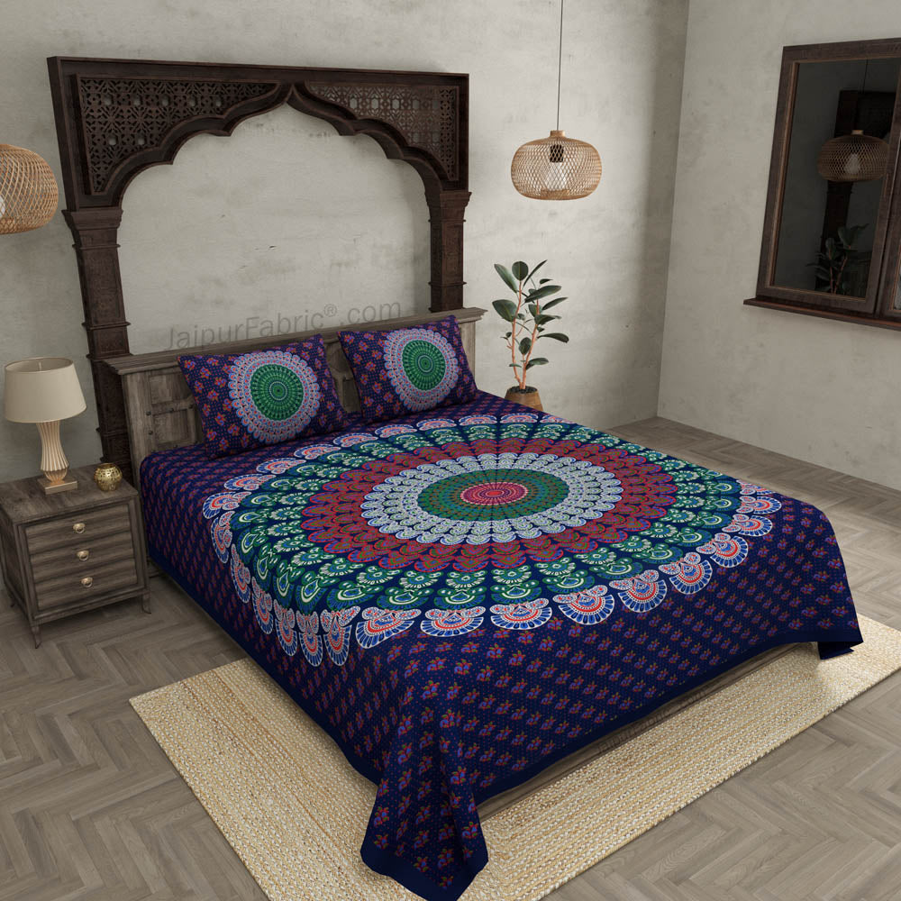 Indigo Blue Mandala Bedsheet Tapestry Floral Print With 2 Pillow Covers