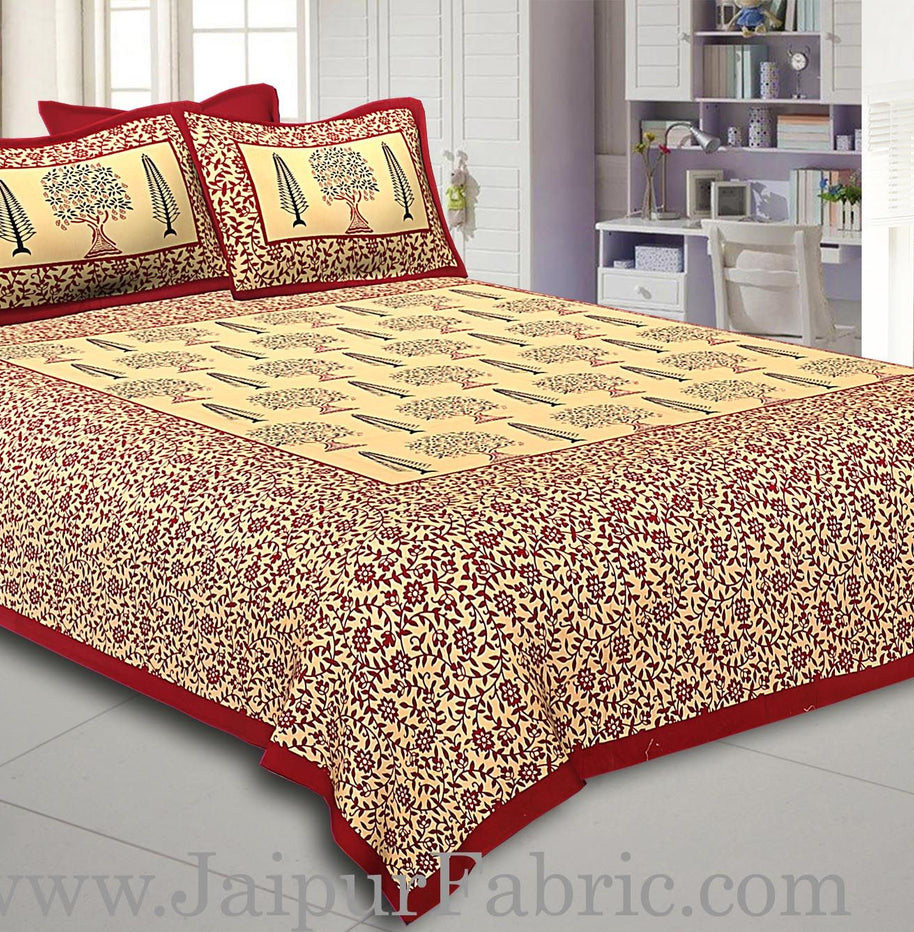 Maroon Border Cream Base  Small Tree Pattern In  Bagru Print Cotton Double Bedsheet