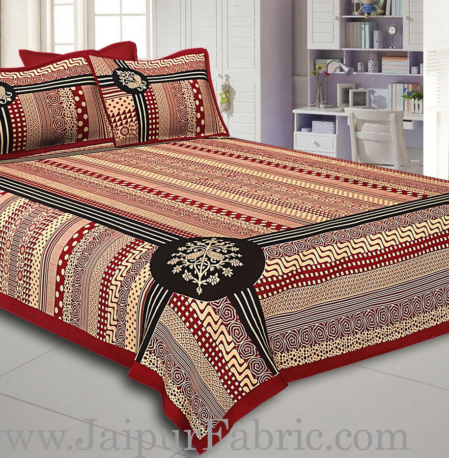 Maroon Border Cream Base  Rectangle Pattern With Black Lining In  Bagru Print Cotton Double Bedsheet