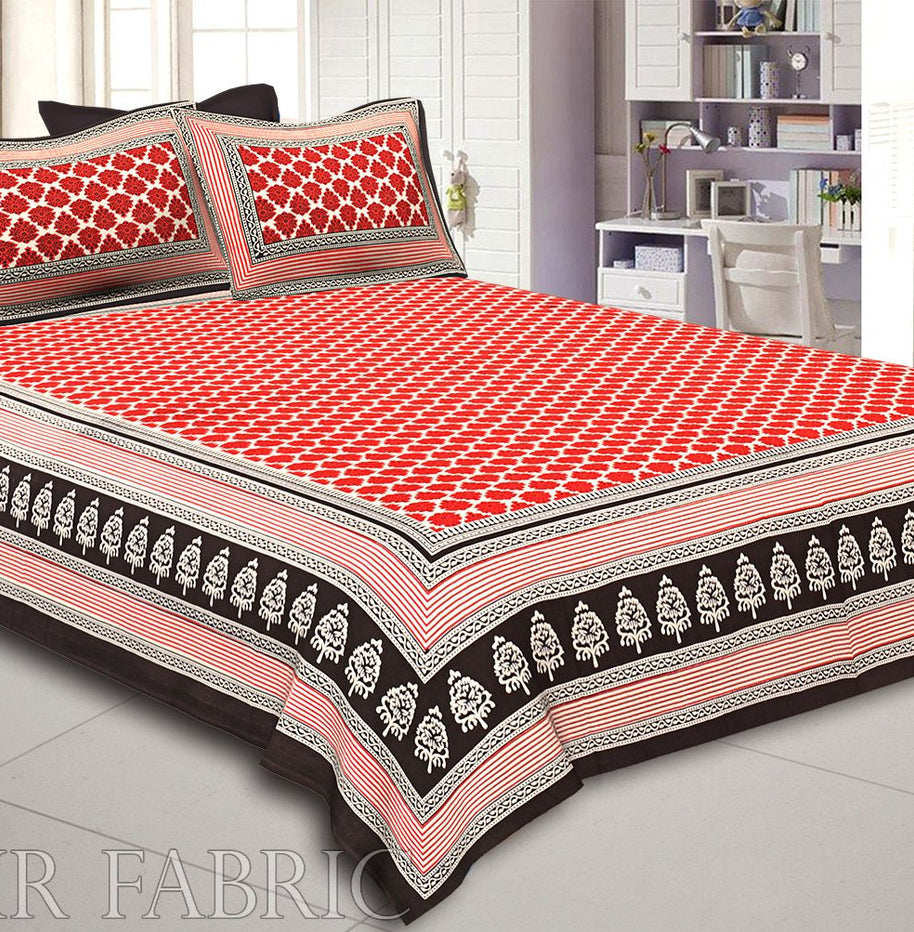 Black Border Red Base Flower Print Super Fine Cotton Double Bedsheet