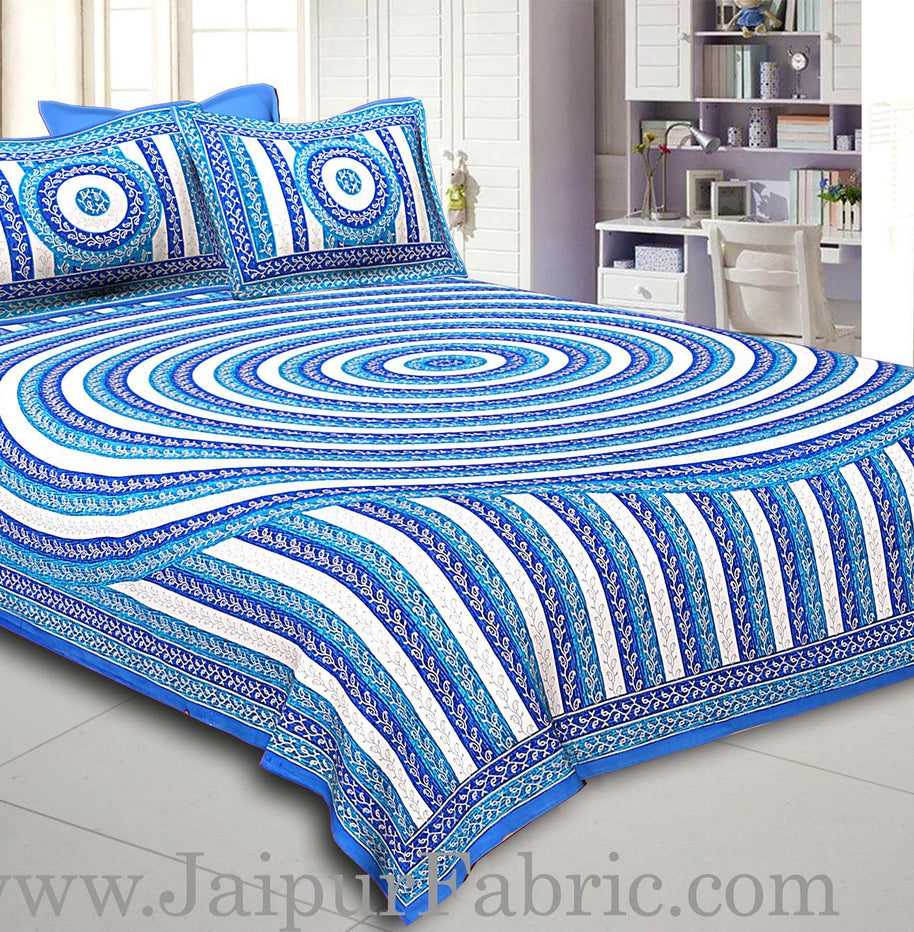 Blue Border Cream Base Circle Pattern With Silver Print Super Fine Cotton Doube Bed Sheet