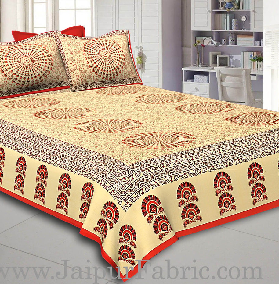 Orange Border Cream Base Rangoli Pattern With Golden Print Super Fine Cotton Double Bed Sheet