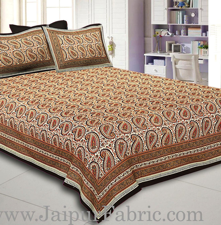 Black Border Cream Base Maroon & Blue  Paisley Pattern With Golden Print Super Fine Cotton Double Bed Sheet