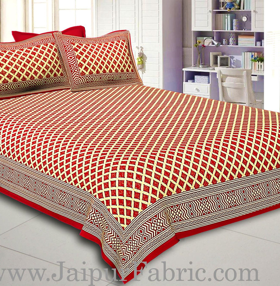 Maroon  Border Cream Base  Retro Pattern With Golden Print Super Fine Cotton Double Bed Sheet