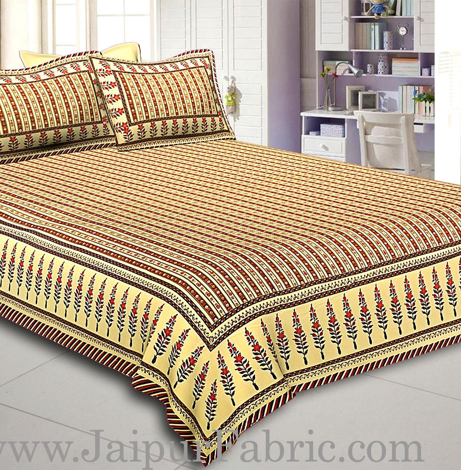 Multi Colored Border Cream Base With Maroon Strip Pattern With Golden Print Super Fine Cotton  Double Bed Sheet