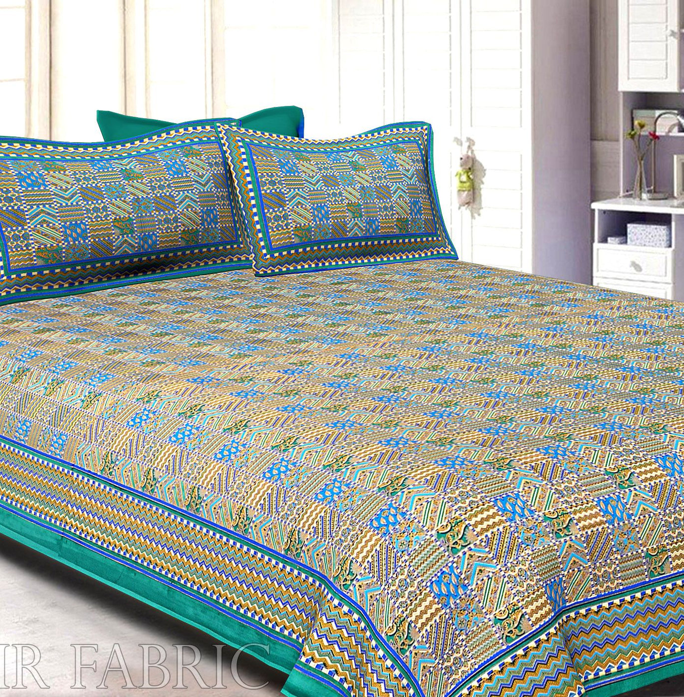 Rama Green Border Small Designer Checks Golden Print  Super Fine Cotton Double Bedsheet