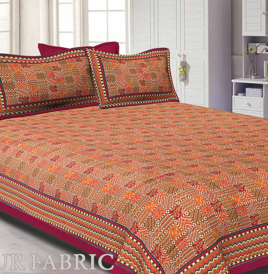 Maroon Border Small Designer Checks Golden Print  Super Fine Cotton Double Bedsheet