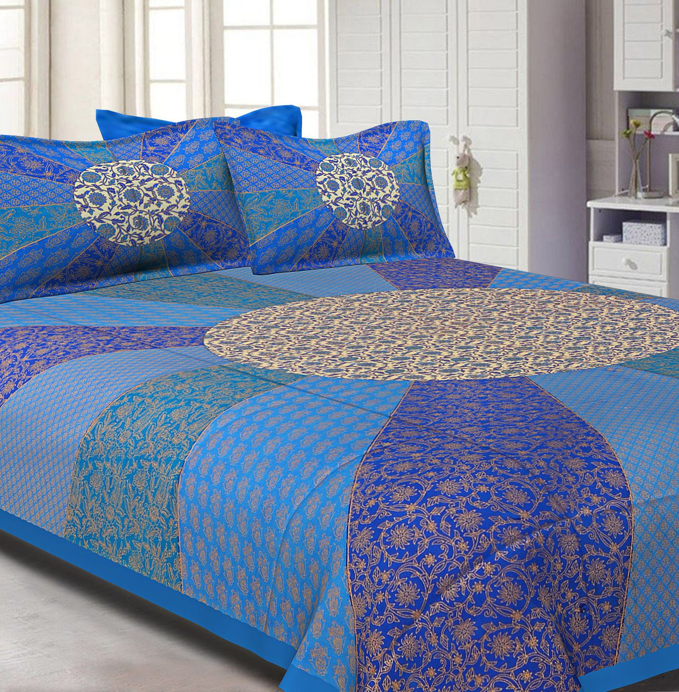 Firozi Border Cream Circle Flower And chakri Pattern With Golden Print Super Fine Cotton Double Bedsheet