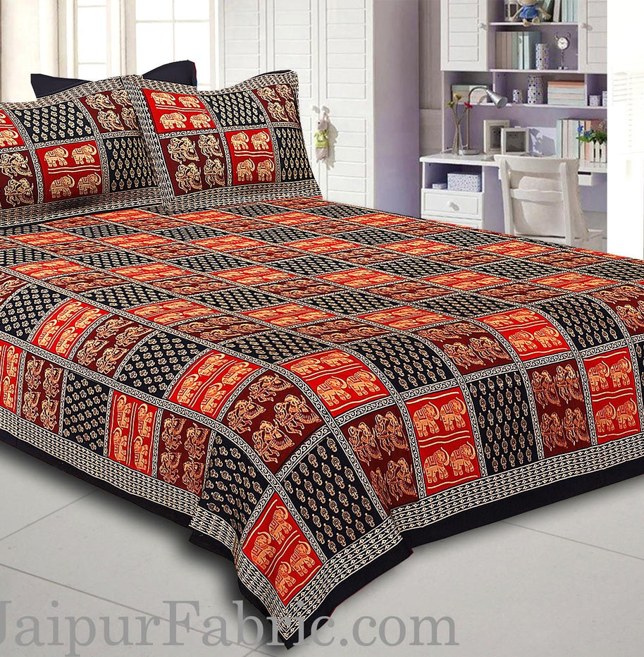 Black Border checkered  With Elephant And Dandiya  Pattern  Golden Print Super fine Cotton  Double Bed Sheet