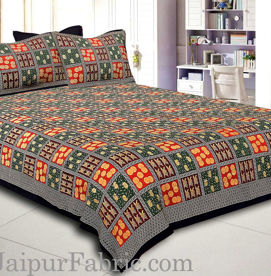 Black Border With Maroon Green And Red Check With Elephant Pattern Golden Print Super Fine  Cotton Double Bedsheet