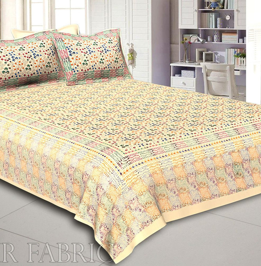 Cream Base Satrangi Gold Print With Flower And Rangoli Pattern  Super Fine Double Bedsheet