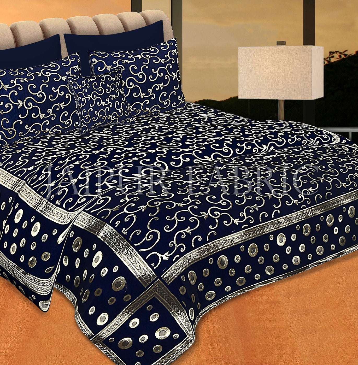 Navy Blue Color Tropical Design Festive Double Bed Sheet