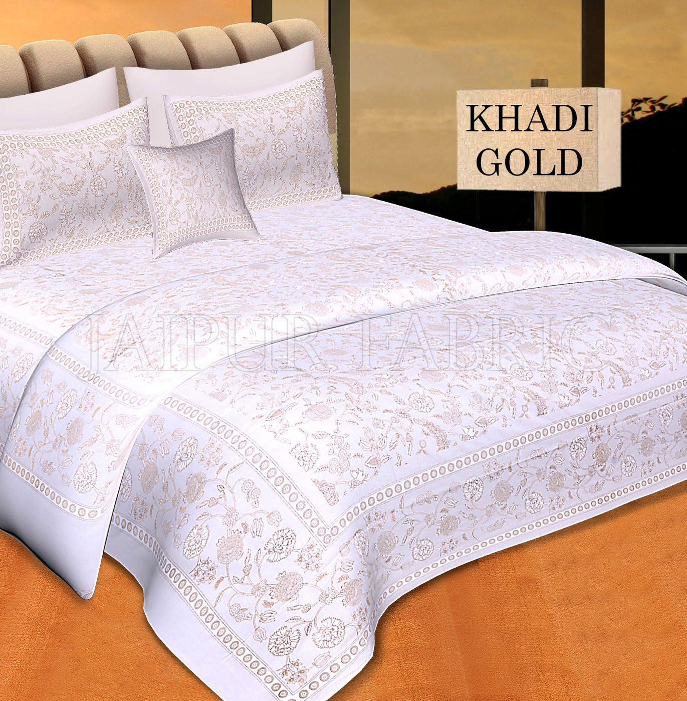 White Base With Golden Floral hand Block Print Double Cotton Bed Sheet