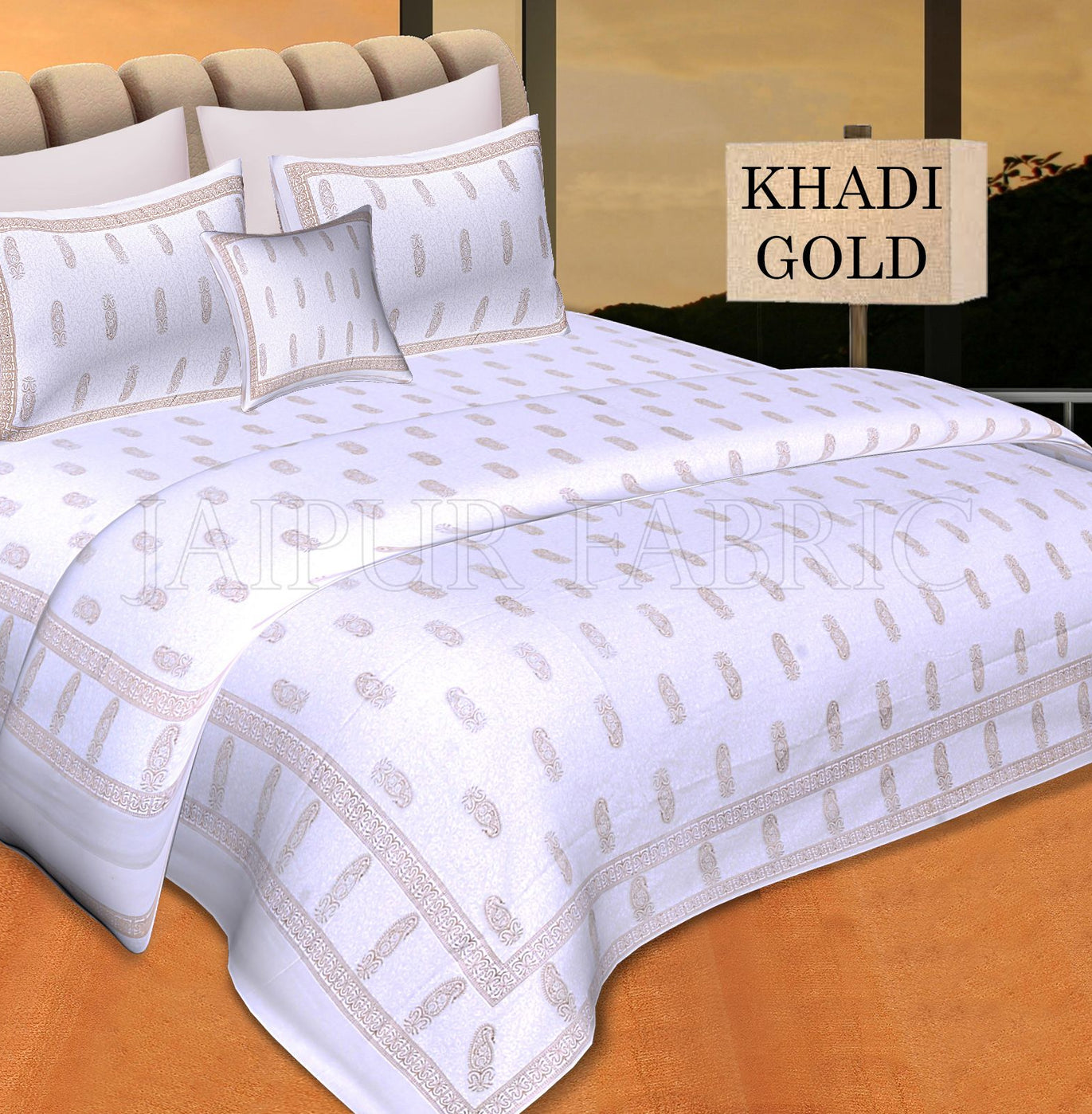 White Base With Golden Keri Hand Block Print Double Cotton Bed Sheet