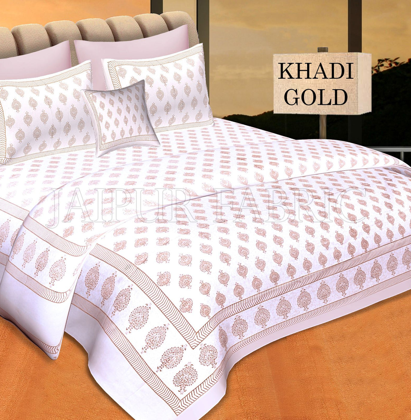 White Base With Golden hand Block Print Double Cotton Bed Sheet