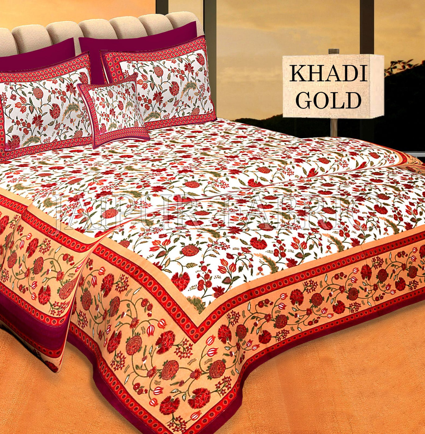 Cream Base Red Border Golden Floral Print Cotton Double Bed Sheet