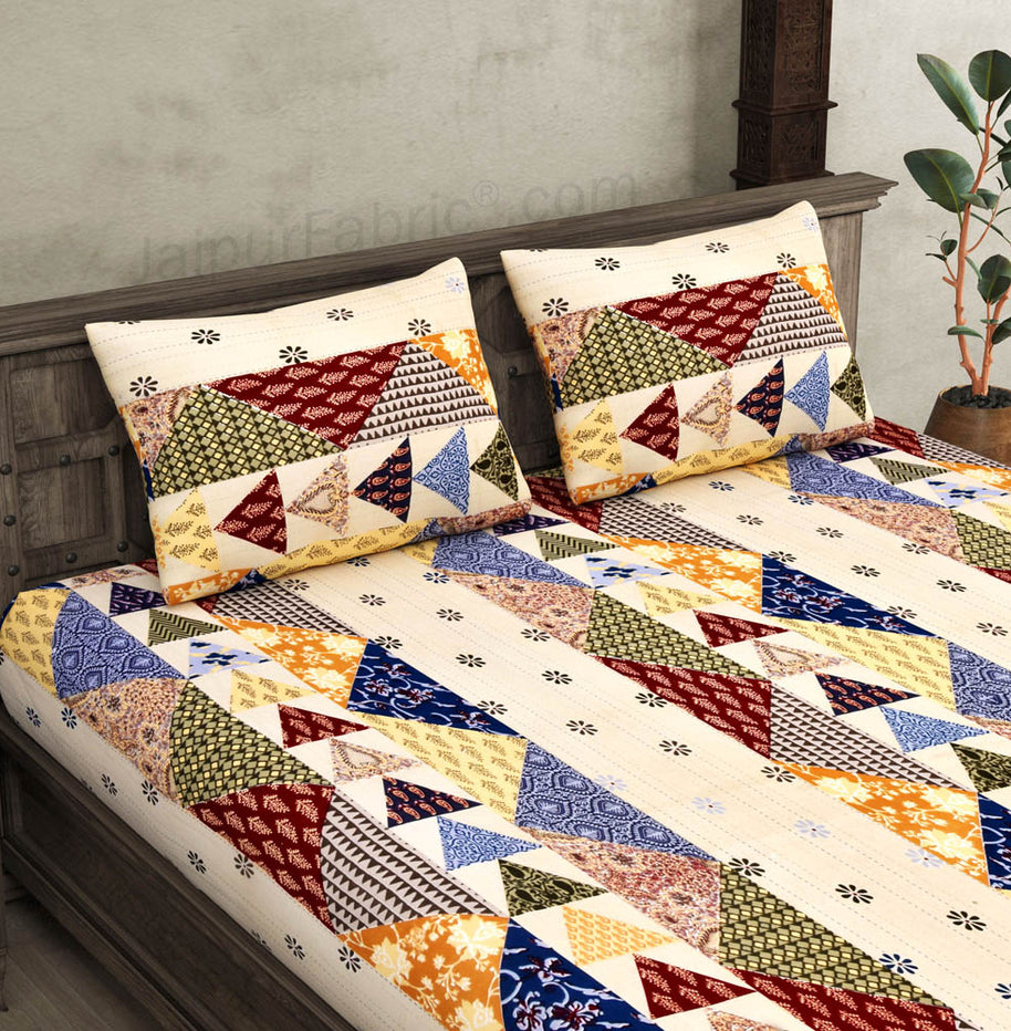 Barmeri Pastel Twill Cotton  Double Bedsheet With Colorful Patchwork Design