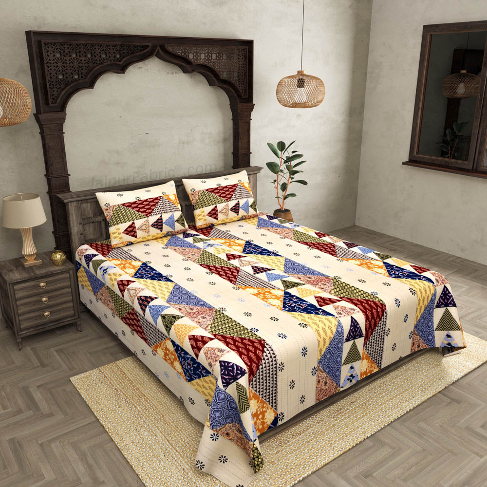 Barmeri Pastel Charm – Twill Cotton Double Bedsheet with Colorful Patchwork Design