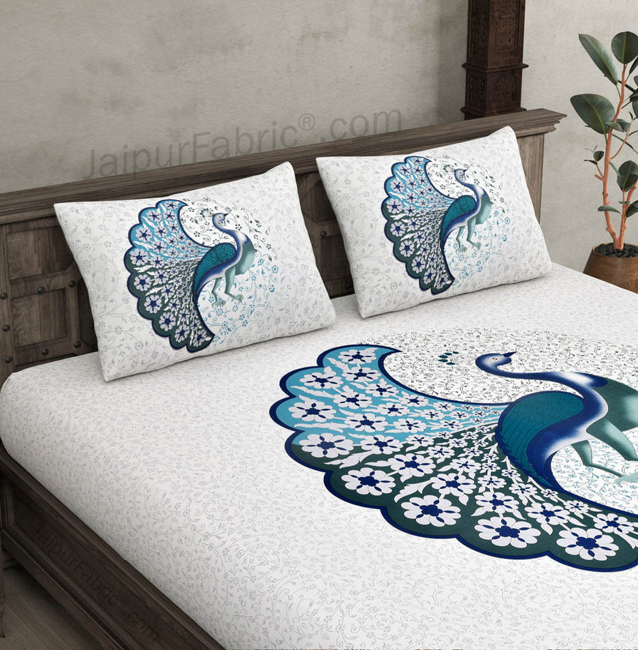 Twill Cotton Bedsheet Dancing Blue Peacock