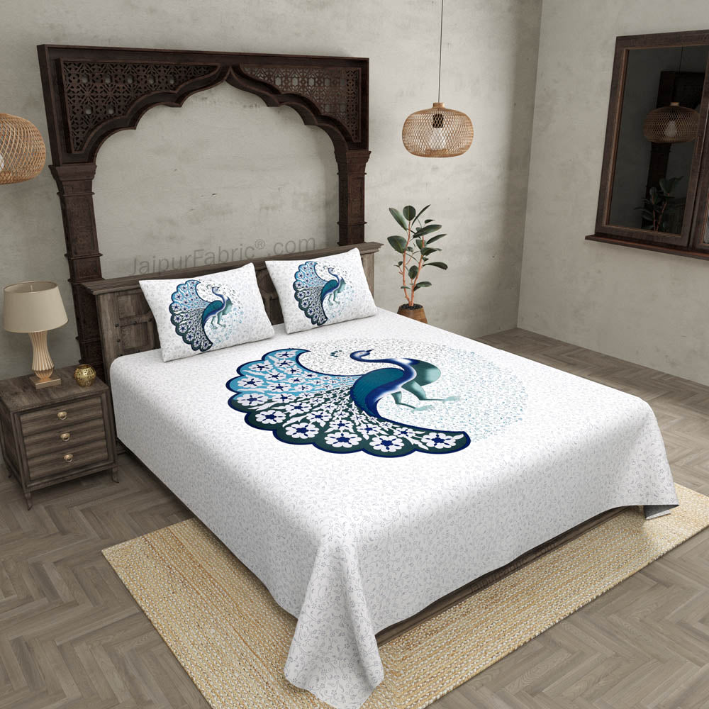 Twill Cotton Bedsheet Dancing Blue Peacock