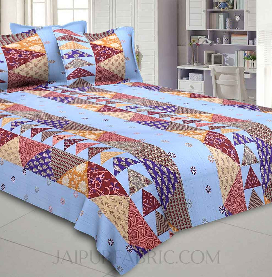 Blues Twill Cotton  Double Bedsheet With Colorful Patchwork Design