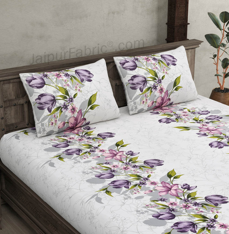 Double Bedsheet Twill Cotton Lilac Purple Floral Motif Print