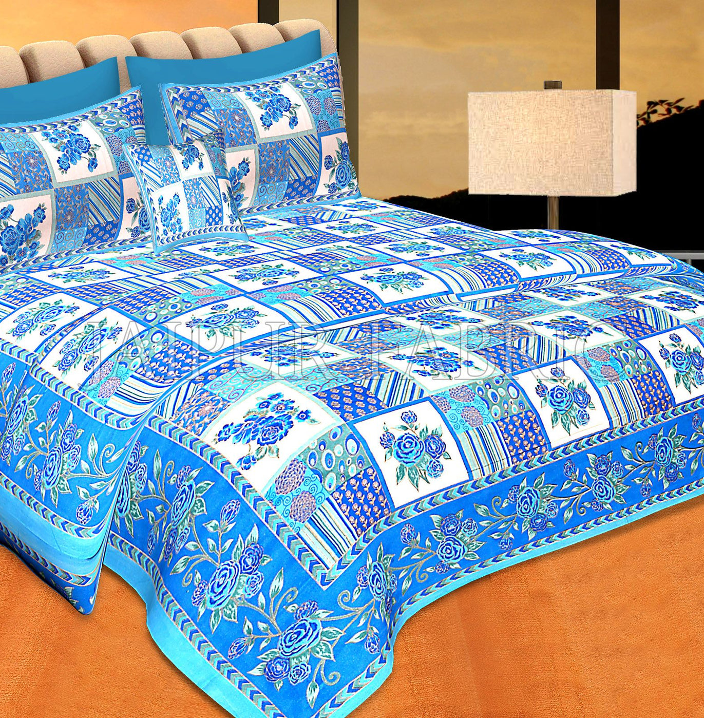 Blue Color Golden Floral Print Square Design Cotton Double Bed Sheet