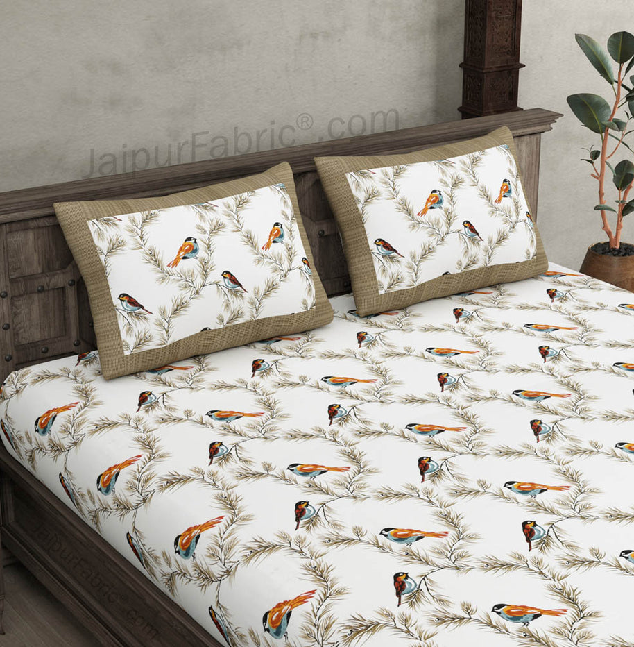 Pure Cotton 240 TC Double bedsheet indian bird print brown