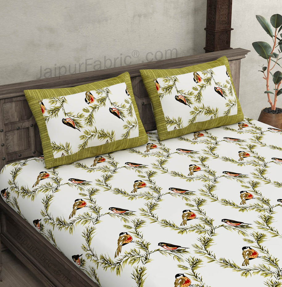 Pure Cotton 240 TC Double bedsheet indian bird print green