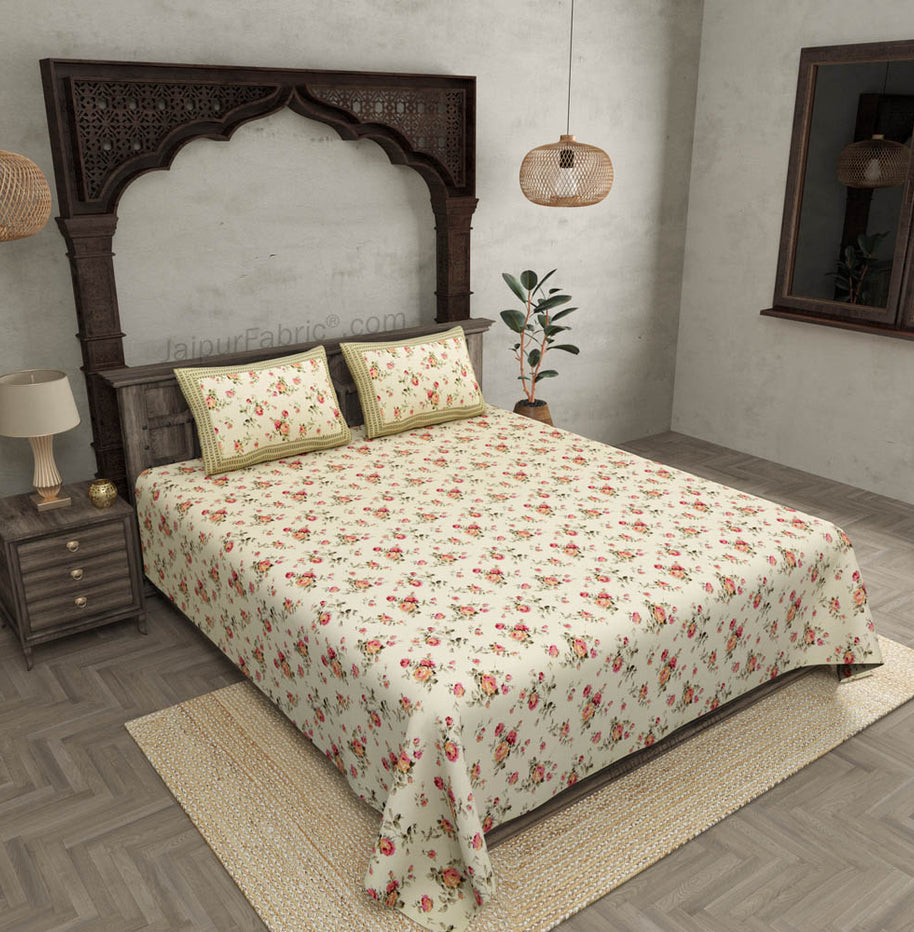 Pure Cotton 240 TC Double bedsheet in cream seamless floral print