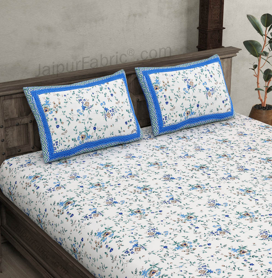 Pure Cotton 240 TC Double bedsheet in blue seamless floral print