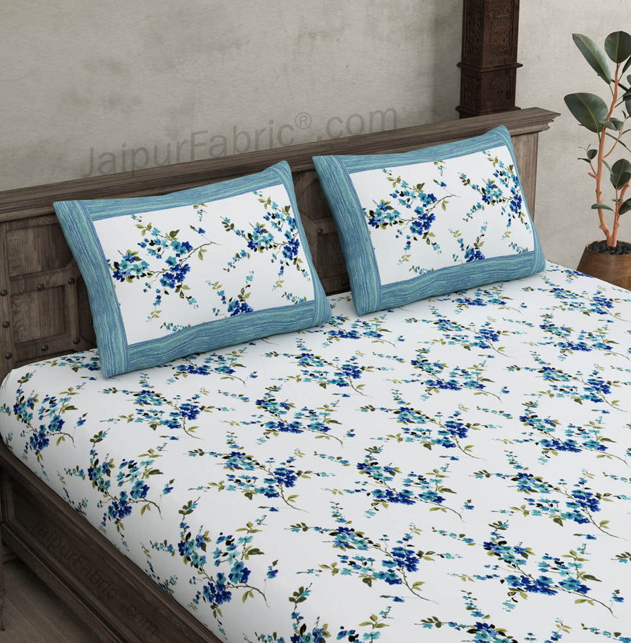 Pure Cotton 240 TC Double bedsheet in blue motif floral print