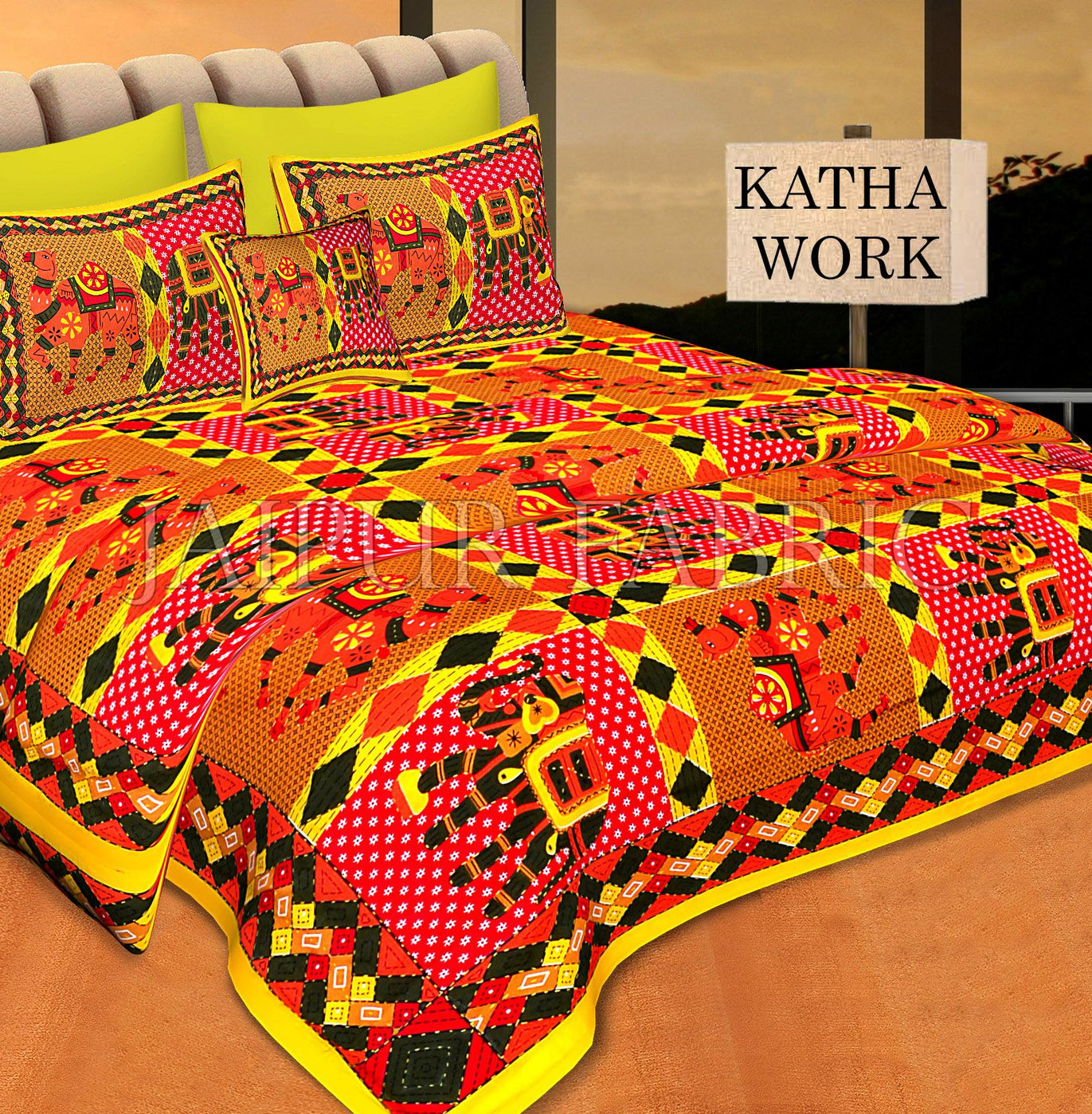 Yellow Jaisalmer Handmade Embroidery with katha Thread Work Elephant Print Double Bed Sheet with Two Pillow Covers