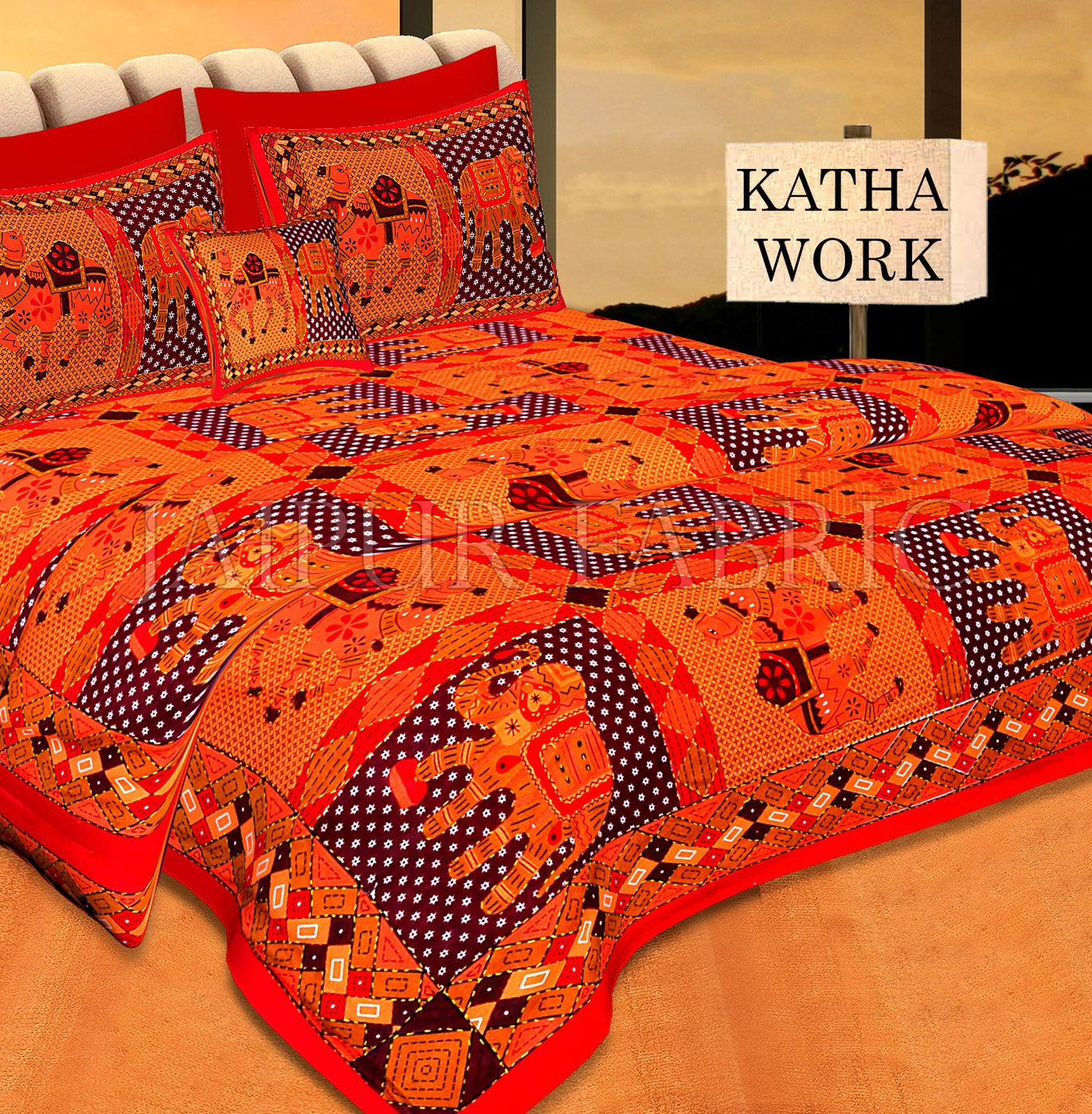 Red Jaisalmer Handmade Embroidery with katha Thread Work Elephant Print Double Bed Sheet with Two Pillow Covers