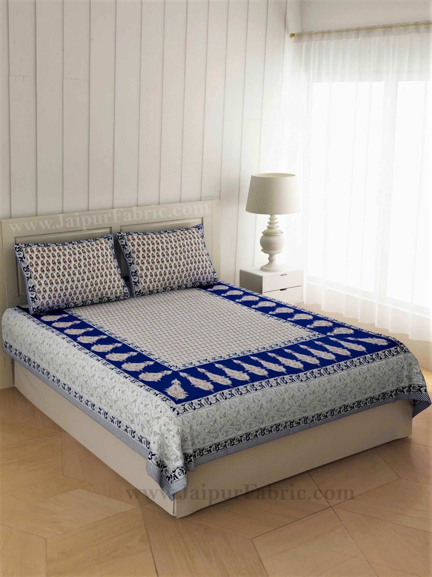 Double Bedsheet Sapphire Blue Printed Cotton 2 Pillow Cover